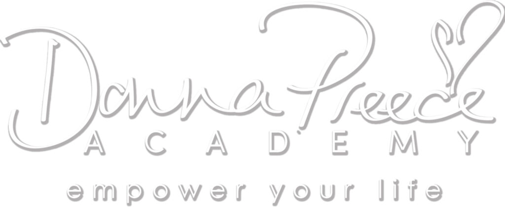 White outlined text reading "Donna Preece Academy - empower your life" with a white outlined heart