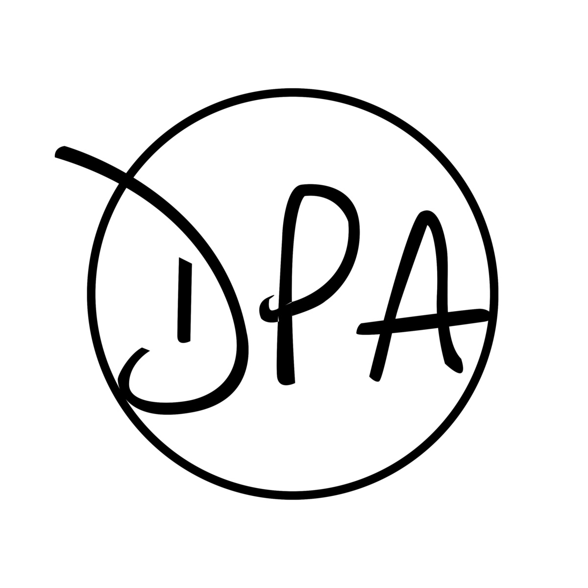 The letters "D P A" are written in black pen inside a black circle on a white background.