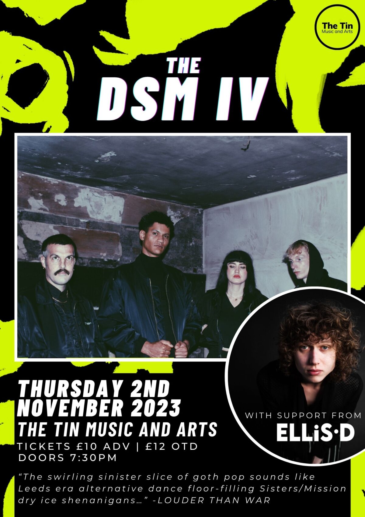 Poster for DSM IV's performance at The Tin Music and Arts, with support from ELLiS.D, on Thursday 2nd November.