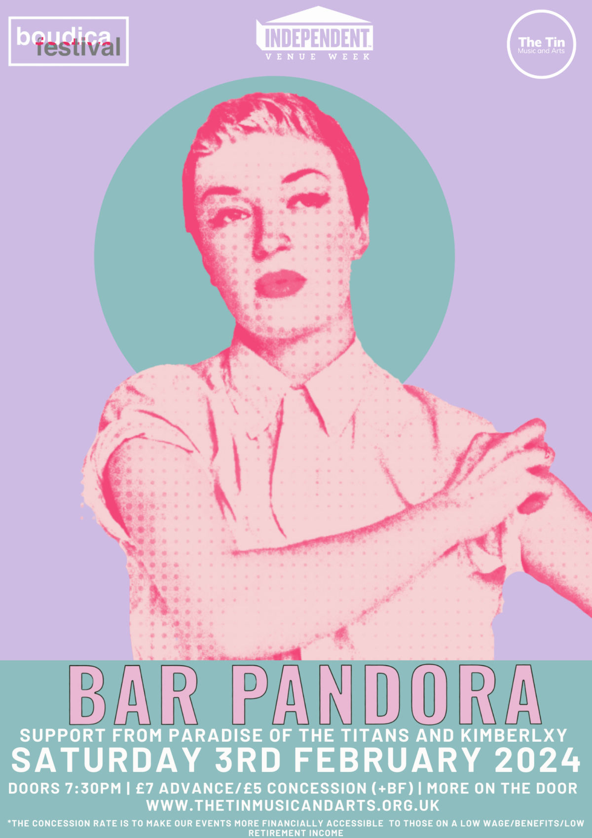 Poster for Bar Pandora at The Tin Music and Arts on Saturday 3rd February 2024. Advance tickets are £7, with concession tickets available for £5.