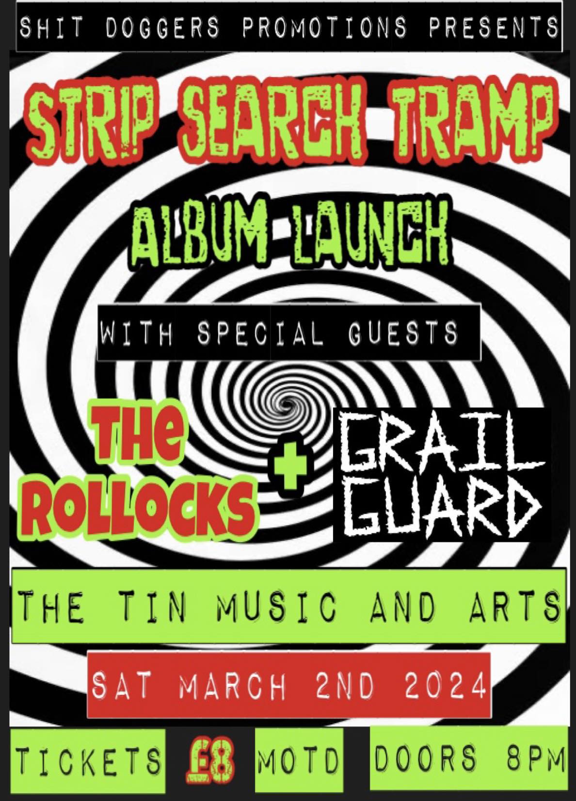 Poster for Strip Search Tramp's album launch gig at The Tin Music and Arts on Saturday 2nd March 2024. Special guests include The Rollocks and Grail Guard. Tickets are £8 and doors are at 8pm.