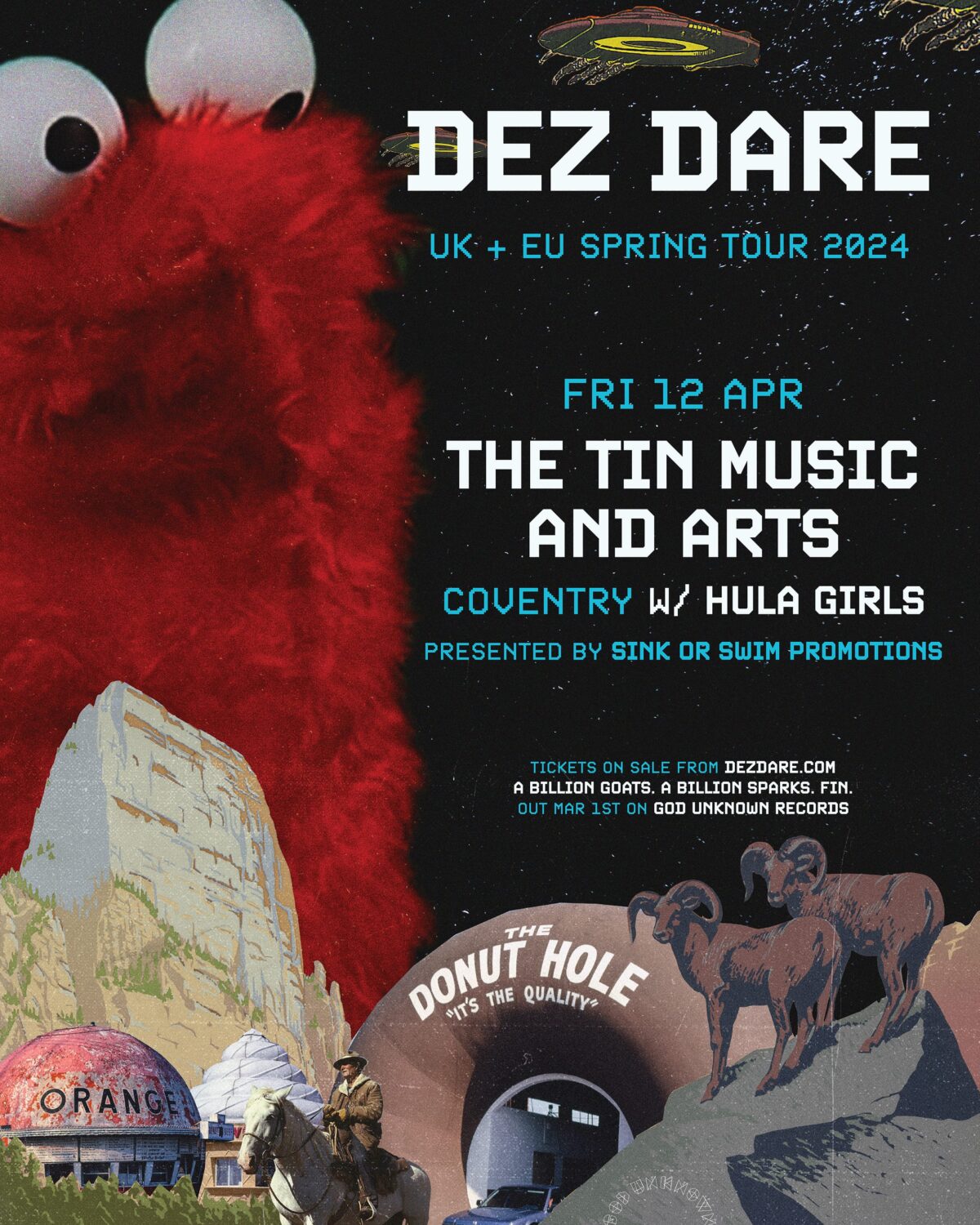 Poster for Dez Dare's performance at The Tin Music and Arts as part of a UK and EU Spring Tour on Friday 12th April 2024, presented by Sink or Swim Promotions. Tickets are £9 in advance.
